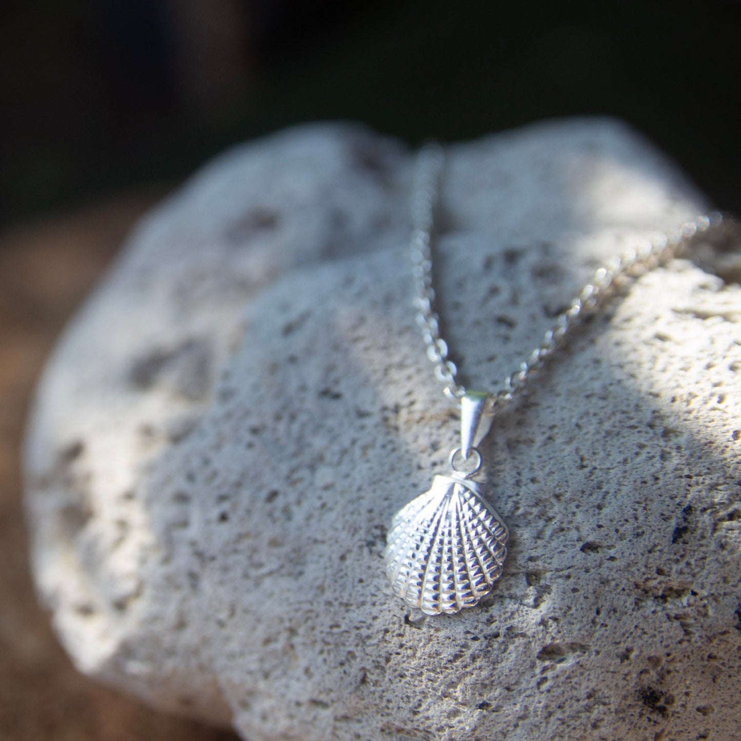 Sterling Silver Shell Necklace placed on a rock