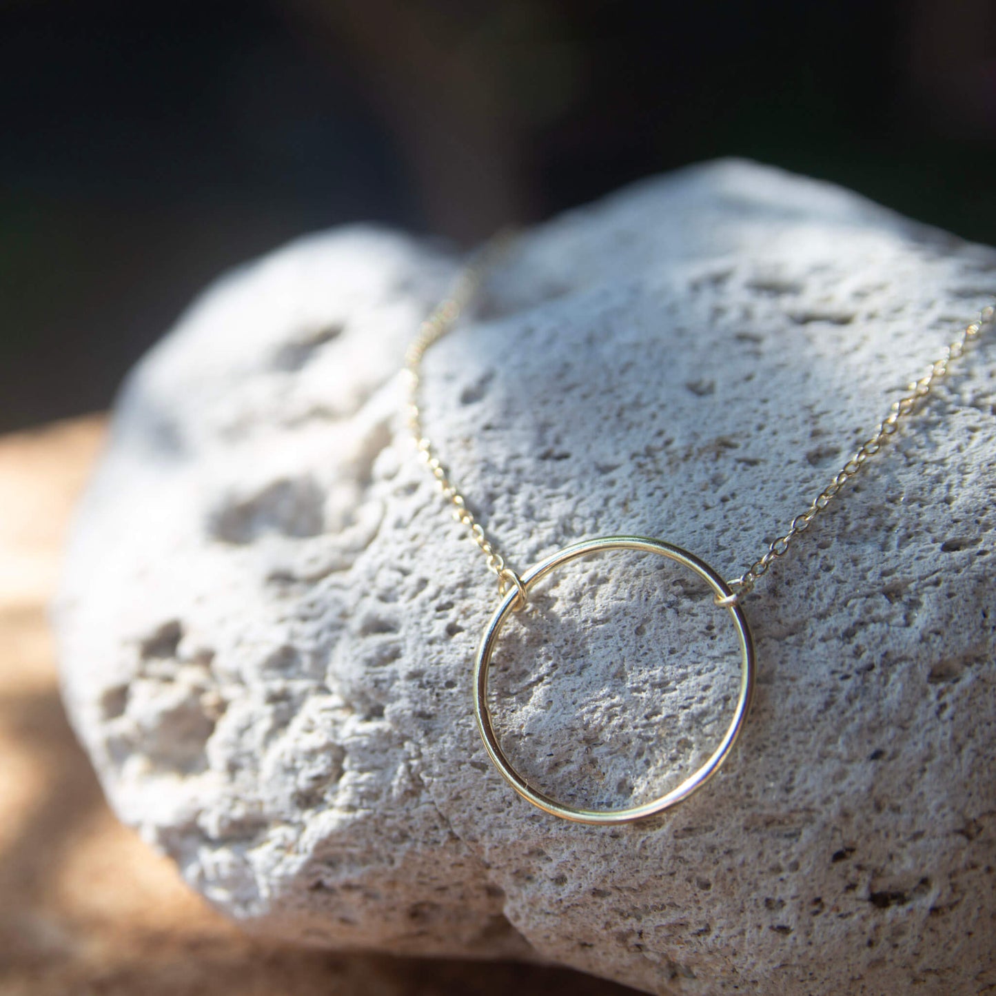 Gold Plated Circle Pendant Necklace on a rock
