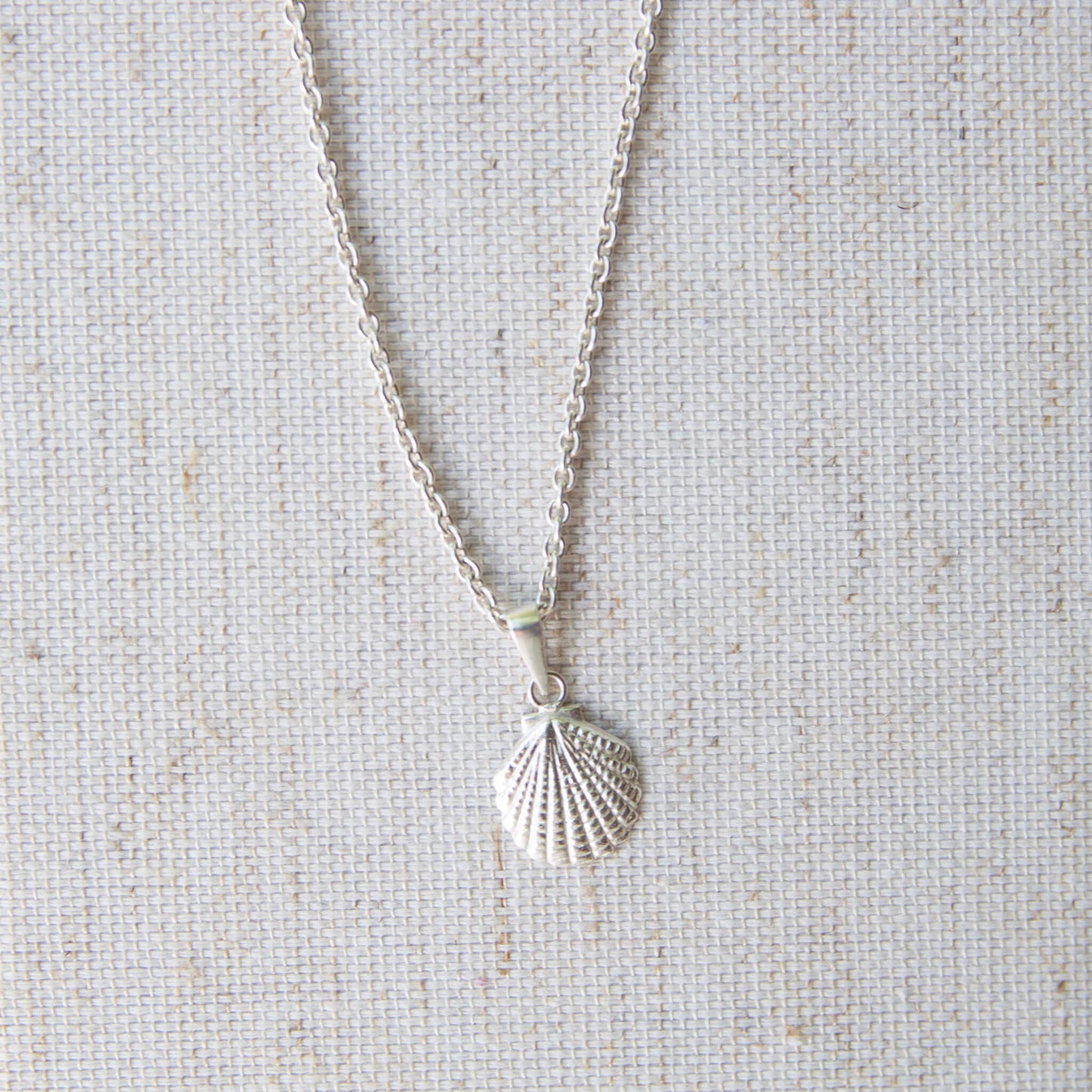 silver shell pendant necklace on grey background