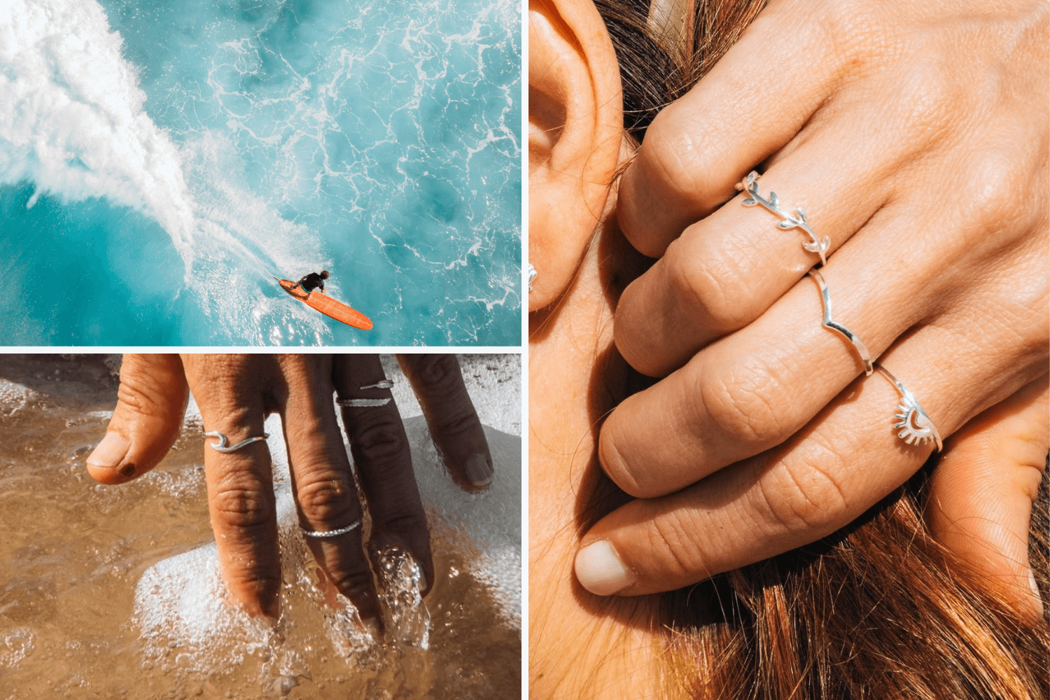 Collage of a person surfing, close-up of hands with rings, and a hand in water.