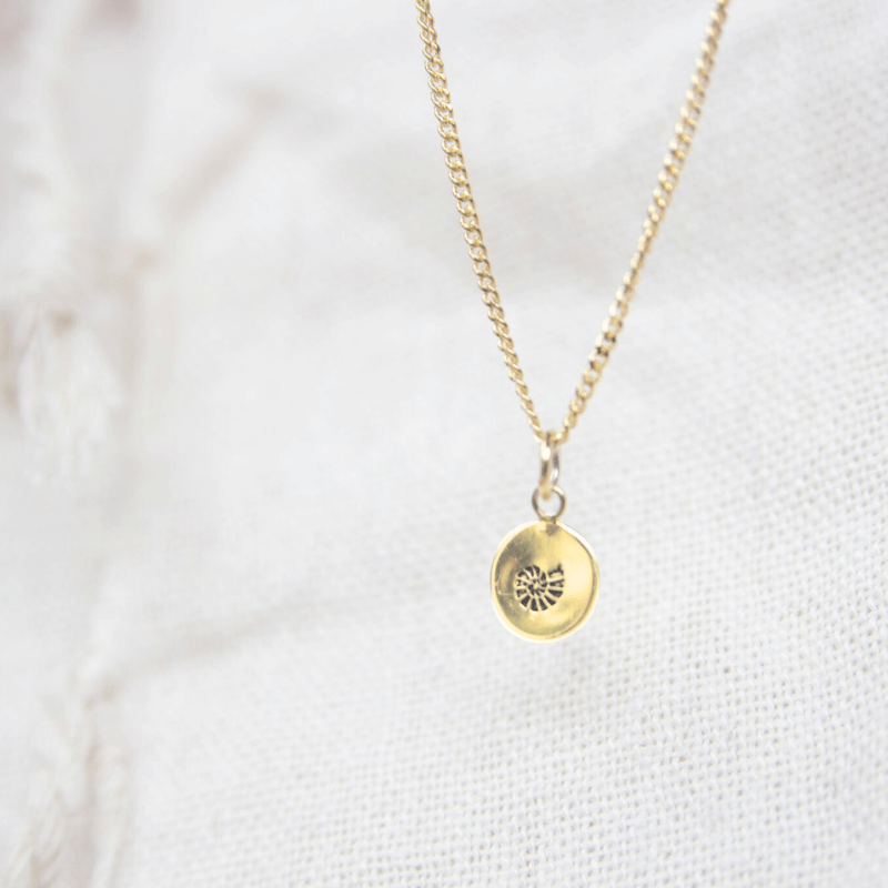 Gold necklace with a round pendant on a white background