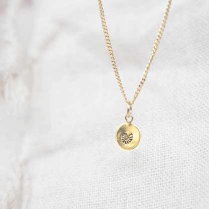 Gold necklace with a round pendant on a white background